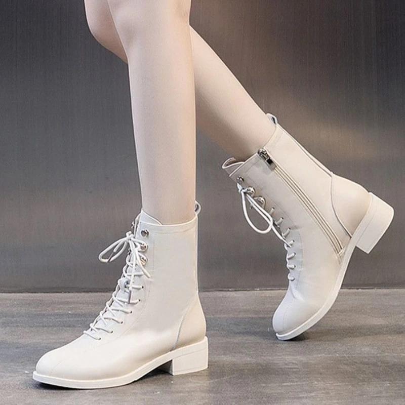 Fashion Women's Ankle Boots Combat Leather Black Lace-up Female Short Shoes Boot Fashion 2025 Hot On Promotion New Rock In Sale Booties