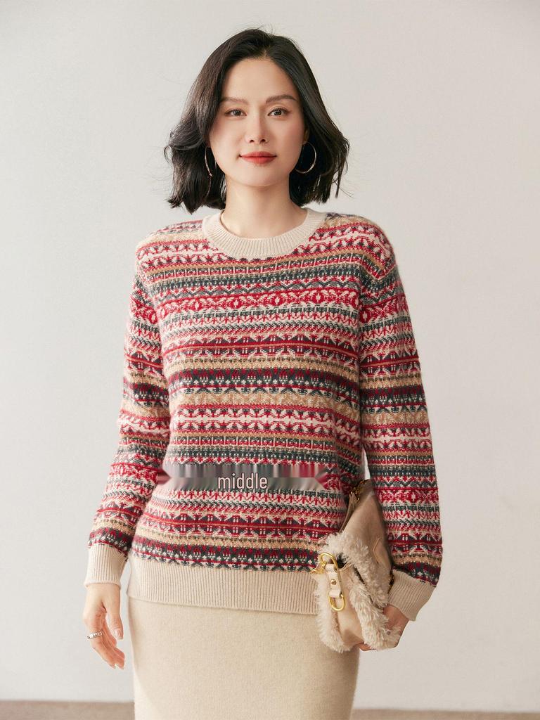Design-Forward French Cable Knit Cashmere Sweater - Women's Loose Contrast Color Round Neck Knitwear for Autumn/Winter