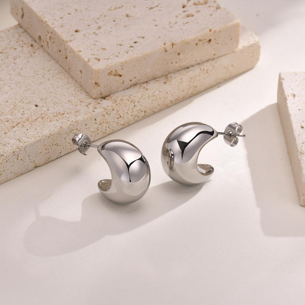 Stainless Steel Open Hoop Earring Women, Crescent Moon Shape Tube Earring Gold Plated Trendy Gift