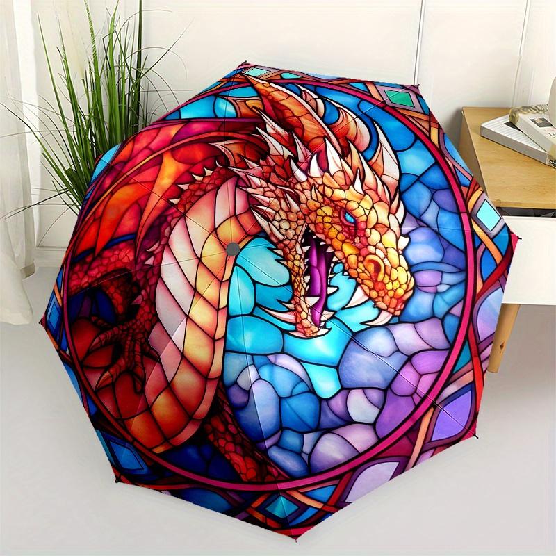 Stained Glass Dragon Wall Art Decor - Colorful Fantasy Dragon Window Panel for Home or Office (Circular) Umbrella Day
