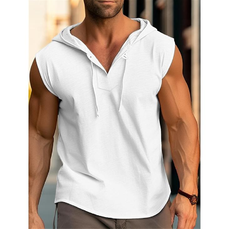 

Мужская повседневная футболка без рукавов, спортивная майка с капюшоном и кулиской, однотонная XXXL белый