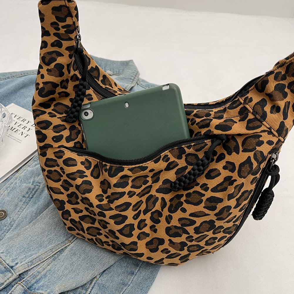 GSenhui Crescent Bag for Women - Half Moon Nylon Dumpling Sling Crossbody Bag with Multi-Pockets for Travel - Side Hobo Shoulder Bag, Leopard-Brown,