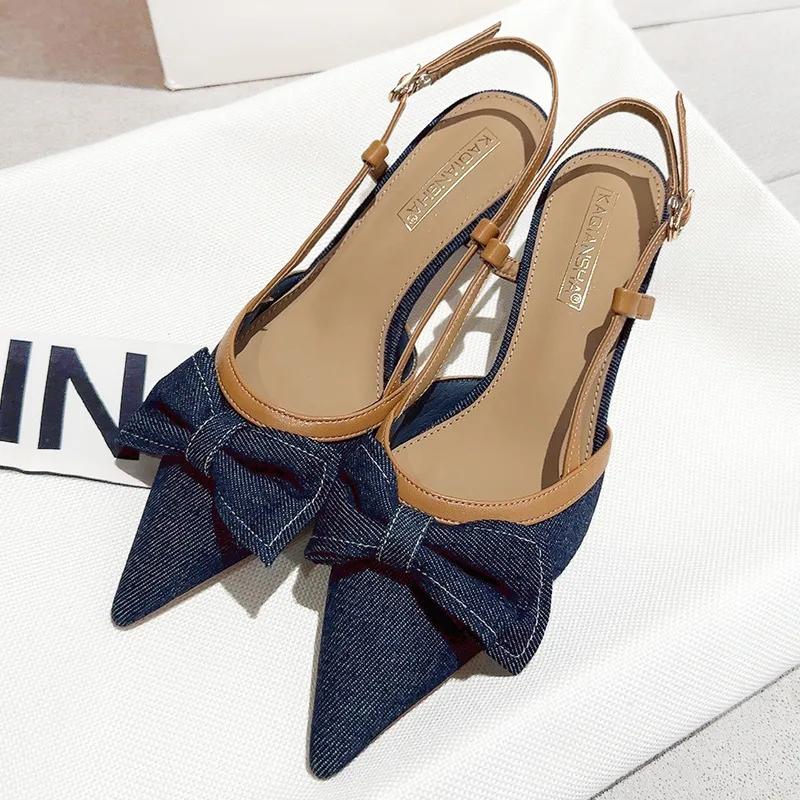 Fashion Bow Pointed Toe Heeled Sandals Women's Mid Heels Mules Shoes Elegant Fashion Party Slippers Sexy Pumps Cowboy Ladies Shoes