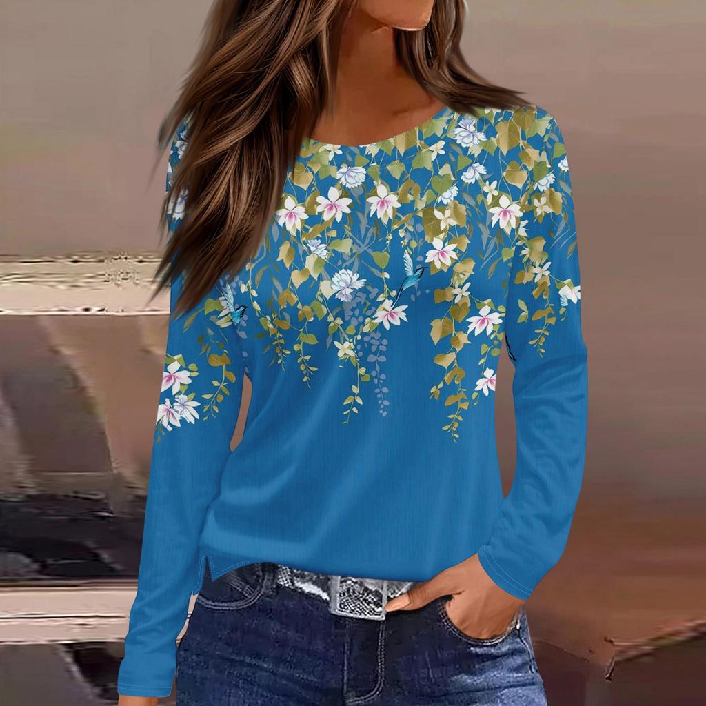 Dames casual T-shirt met split aan de zoom, ronde hals, lange mouwen en losse print.