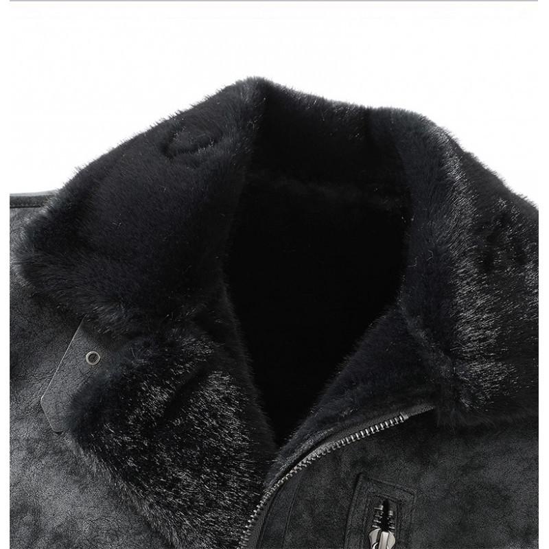 JK2035 Men's Plus Size Leather & Fur Lapel Jacket - Thickened Velvet for Autumn/Winter