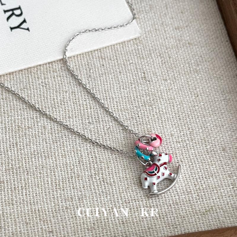Cui Yan S925 Sterling Silver Korean Enamel Carousel Necklace – Dreamy Ins Girly Collarbone Chain