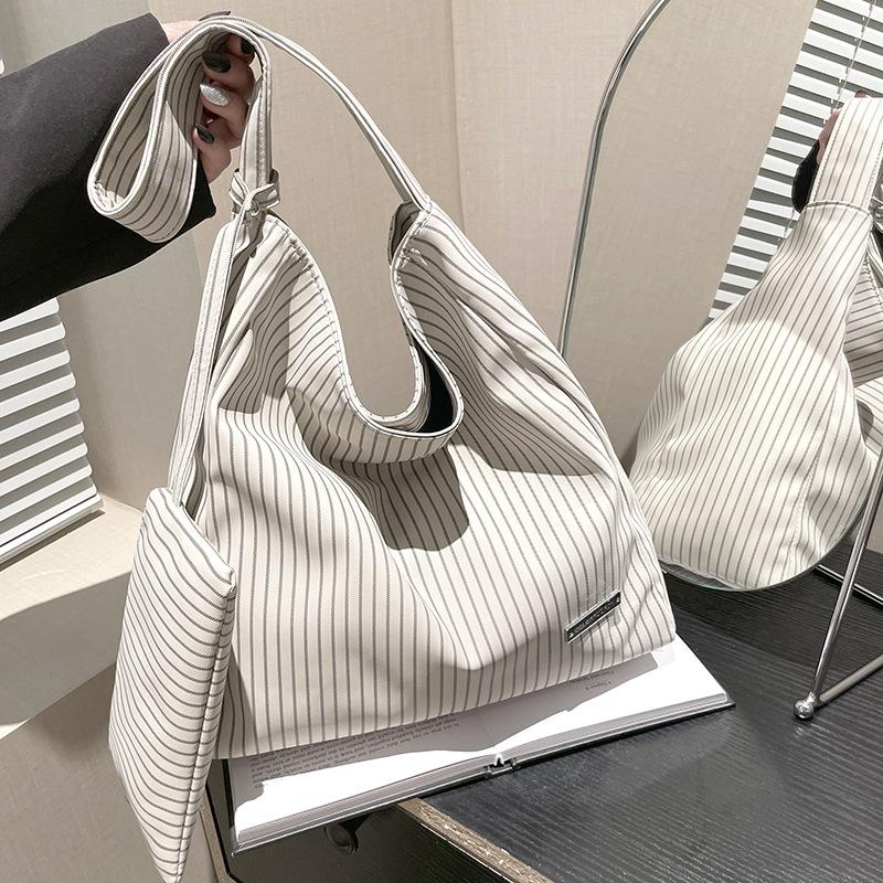 Commuter Shoulder Bag Large Capacity Striped Tote Bag Literary Shopping Bag Versatile Student Women's Bag