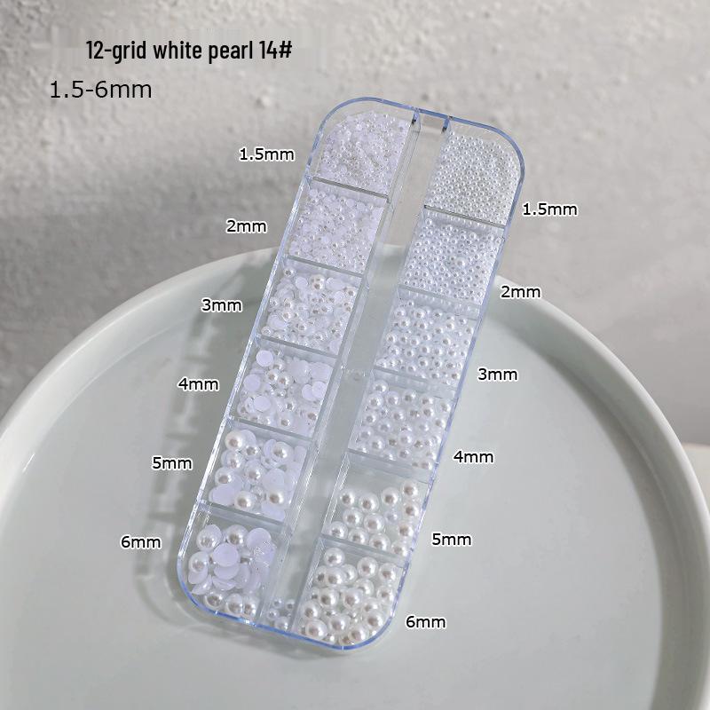 12-Grid Nail Art Pearls: Off-White Mixed Sizes, No Holes, Semi-Circular Boxed Decorations