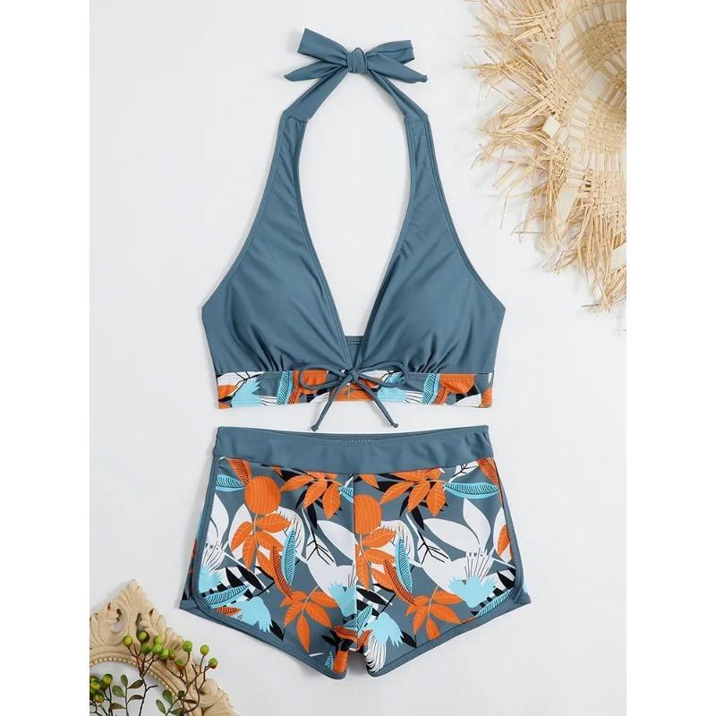 Fashion Printed Swimsuit Women Spliced Lace Up Sporty Surfing Bikini Set Bathing Suit Beachwear Swimwear Female Swimming Suits