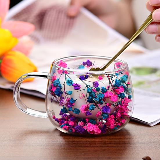 Pahar cu Perete Dublu din Sticlă Borosilicată Căni Izolate 4 Căni de Cafea Înalte Set cu Petală Colorată