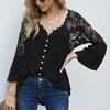 Womens Fashion Hollow Lace Stitching V-neck Flared Long Sleeve T-Shirt Tops
