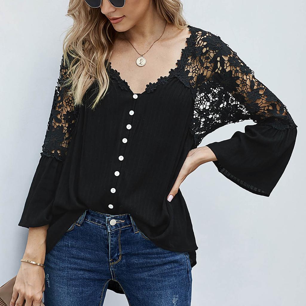 Womens Fashion Hollow Lace Stitching V-neck Flared Long Sleeve T-Shirt Tops