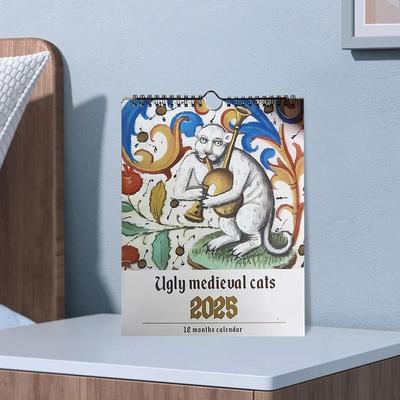 Mittelalterlicher Katzenkalender 2025 Seltsame Mittelalterliche Katzen Wandkalender 2025 Hässliche Mittelalterliche Katzen Kalender 12 Monate Januar bis Dezember
