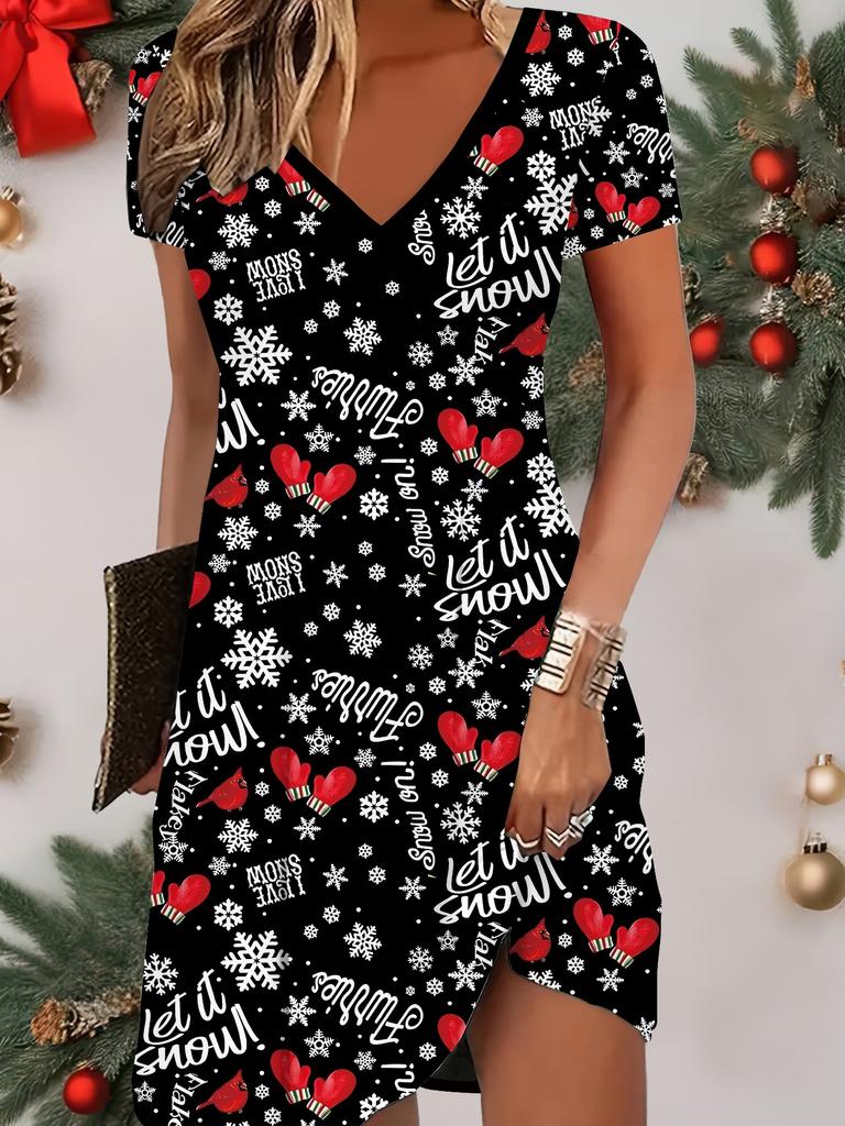 Mode Damen V-Ausschnitt Kurzarm Weihnachten Schneemann Bedrucktes Kleid Sexy Kurzer Rock Kleider