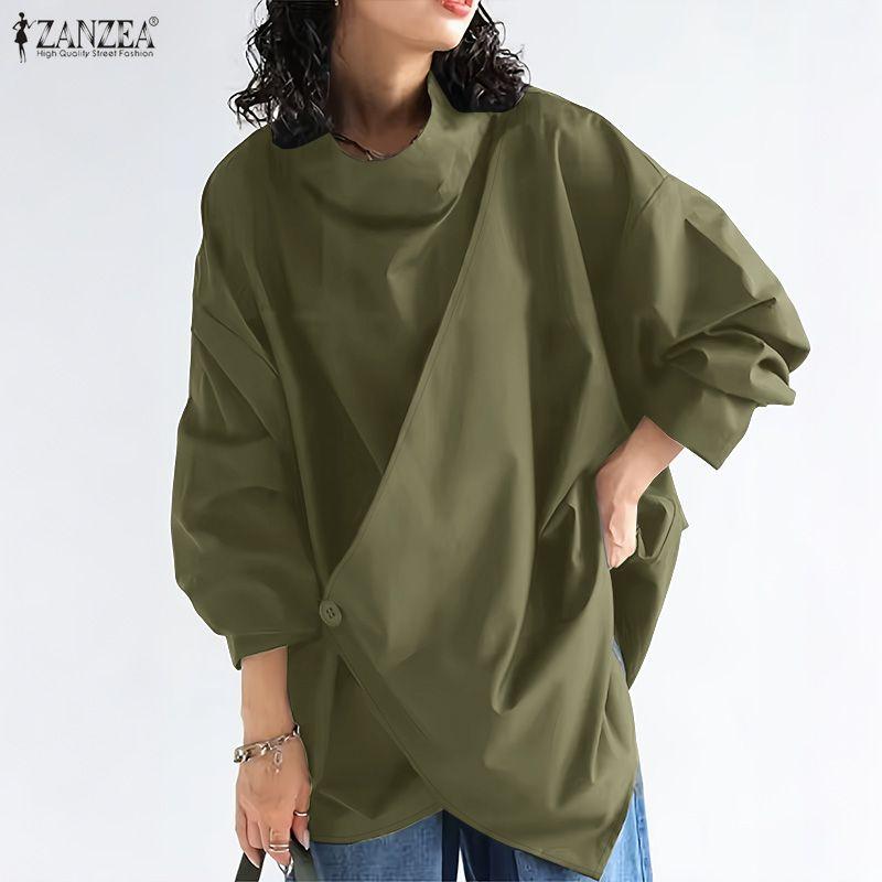 ZANZEA Women Casual Stand Collar Loose Long Sleeve Blouse