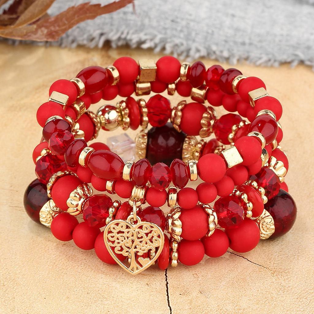4Pcs Tree of Life Heart Bracelet Set For Women Acrylic Glass Beads Chain Elastic Bangle Female  Party Jewelry
