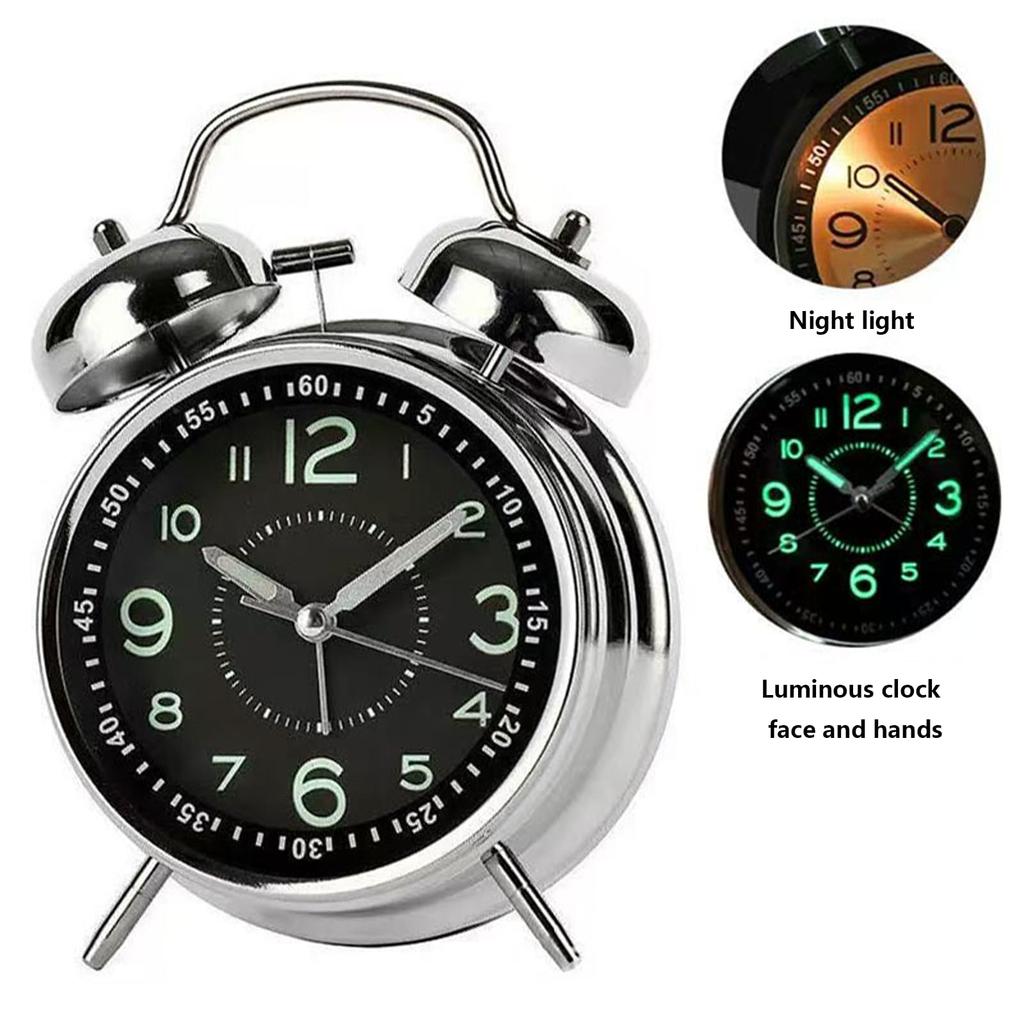 Classic Analog Alarm Clock, Silent Operation, Silver, Luminous Dial, Dual Bells, 11.5 x 16.5 x 5.5 cm, with Loud Alarm Function (Silver)