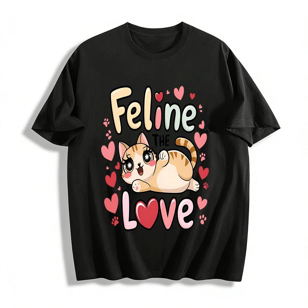 Feline The Love Cute Cat Heart Print Casual Comfortable T-Shirt Pure cotton T-shirt XXS