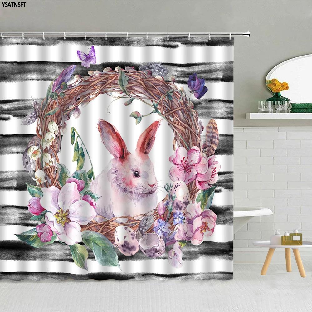 Funny Bunny Easter Shower Curtain Rabbit Colorful Egg Flower Wood Striped Backdrop Bathroom Decor Washable Fabric Hooks Curtains