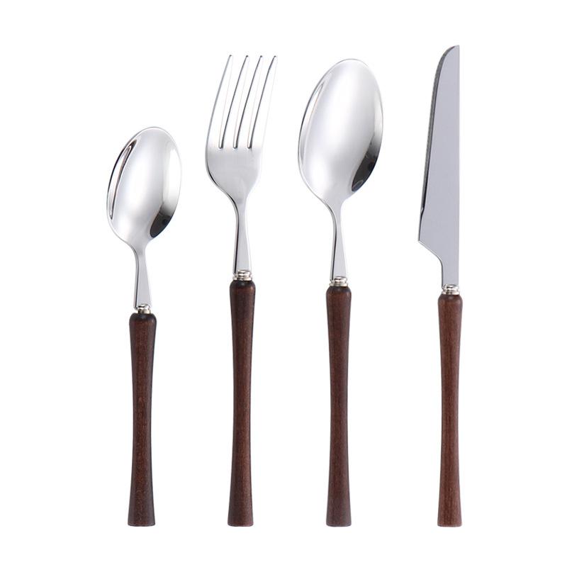 304 stainless steel wooden handle small waist bright chicken wing wood knife, fork and spoon western tableware steak knife and fork four-piece set