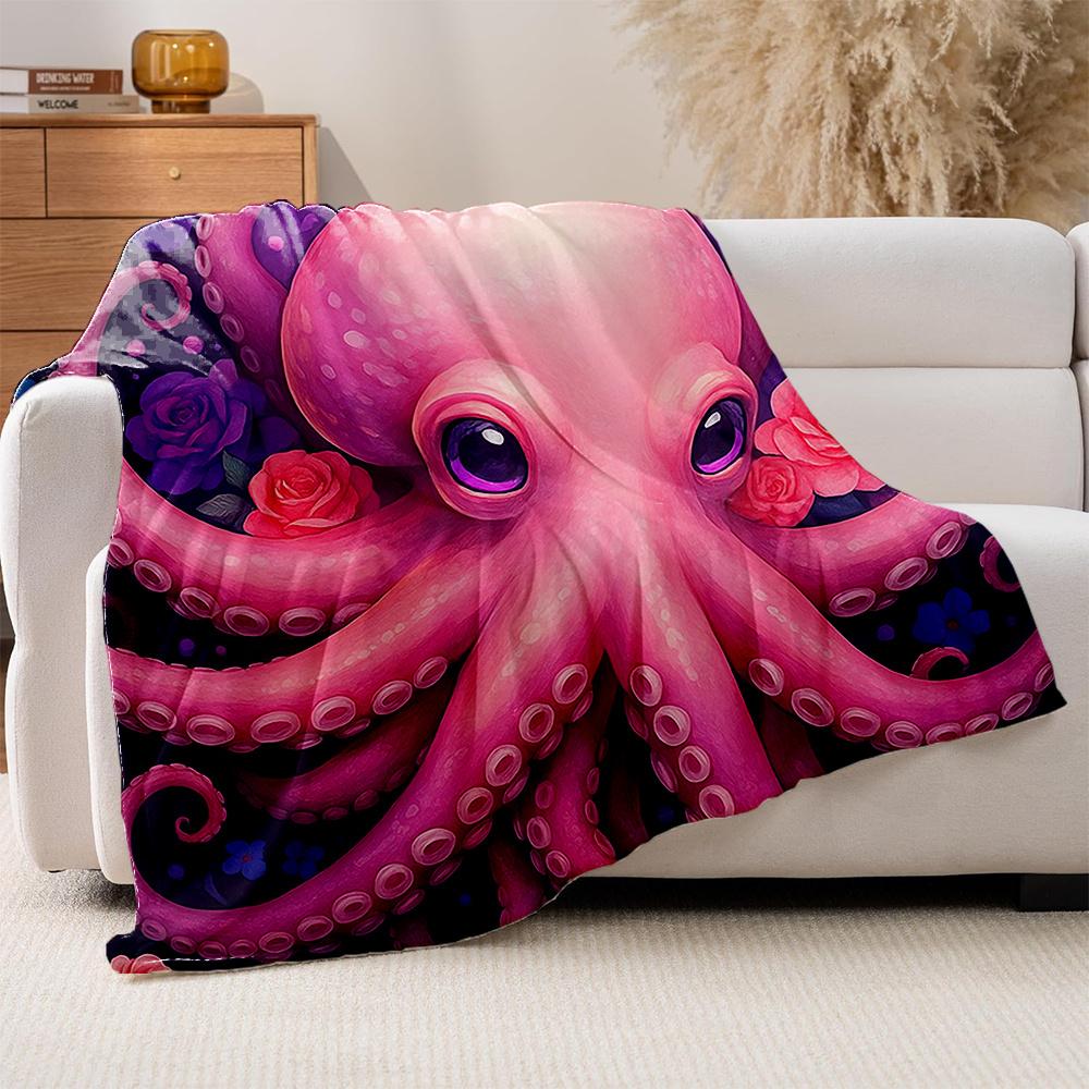 1pc Pink Octopus & Purple Roses Plush Fleece Blanket - Cute Anime-Inspired Tentacle & Bedspread, Soft Quilted All-Season Cozy