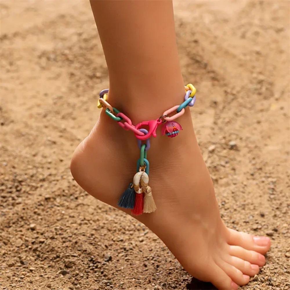 New Trendy Multicolor Acrylic Anklet for Women Boho Tassel Ball Pendant Handmade Anklet Leg Chains Charm Summer Beach Jewelry