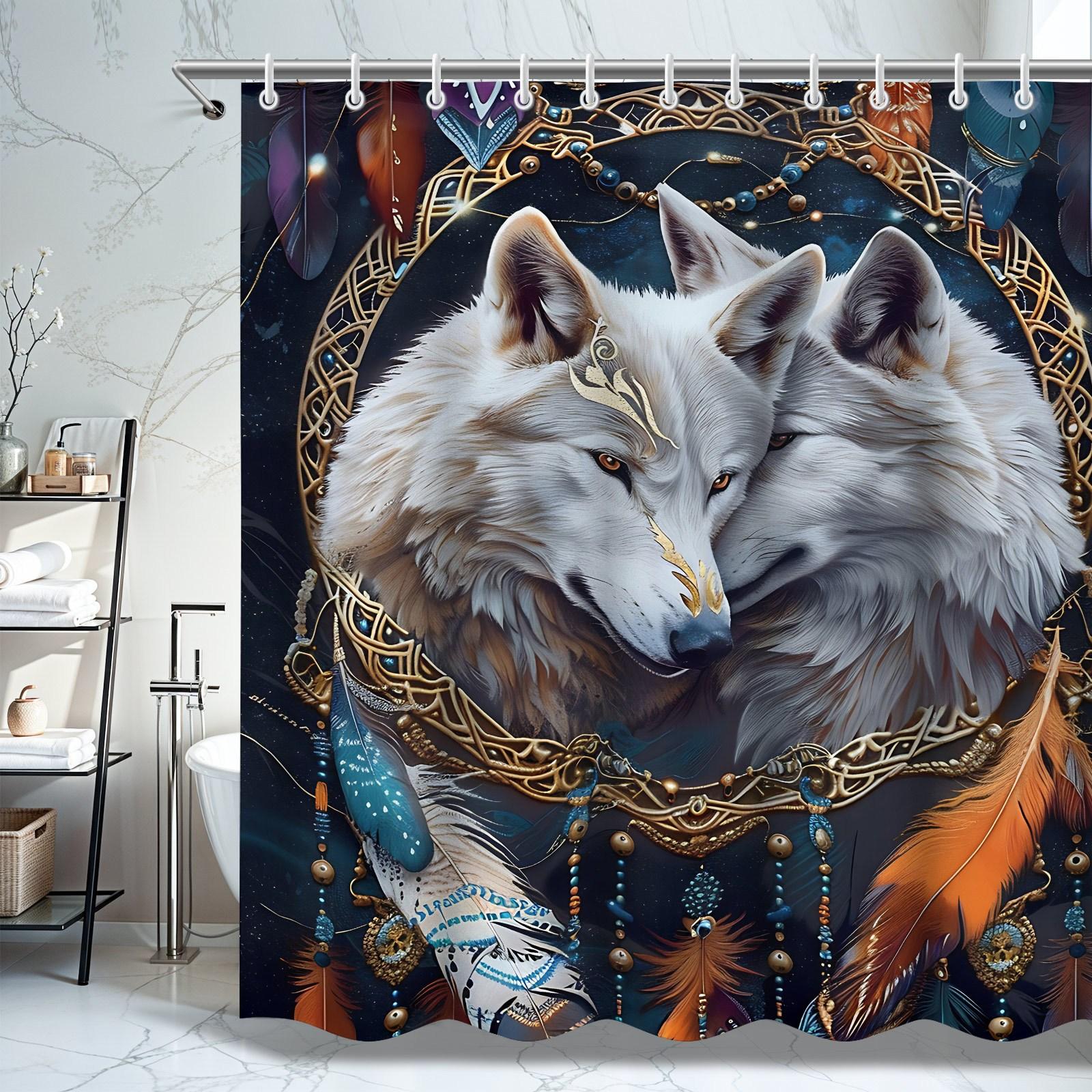 

Exquisite Wolf Totem Shower Curtain - Mystical Wolf With Feathers, All-Season Design, Easy Install, Bathroom Accessories Set W60H190(CM)-1 Pcs