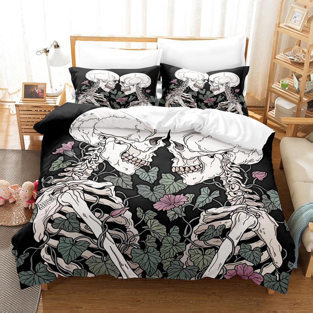3D-Paar-Schädelkopf-Serie, Bettwäsche-Set, Halloween-Horror-Bettbezug und Kissenbezug, 2/3-teilig, AU/US/UK/DE, volle Größe, Heimdekoration