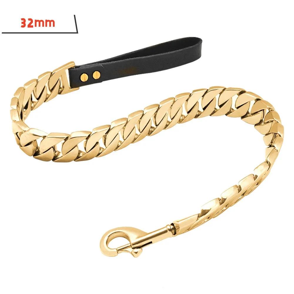 Stainless Steel Dog Leash Pet  Lead Traction  Super Strong Gold Collar Chain 32mm 19mm Bulldog Pitbull Large Dog Collar Leash