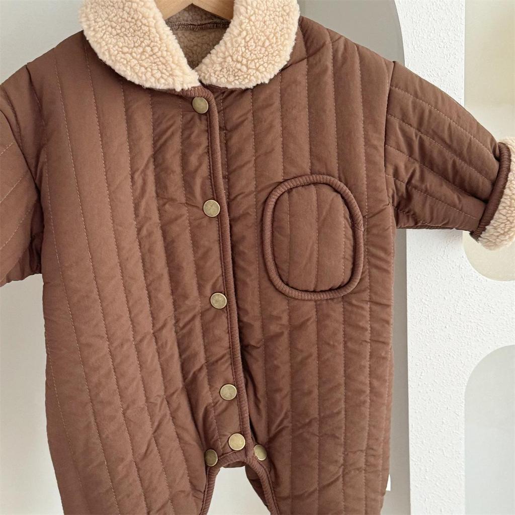 Coffee-Colored Fleece-Lined Baby Romper: Trendy Padded Cotton Jumpsuit for Boys/Girls