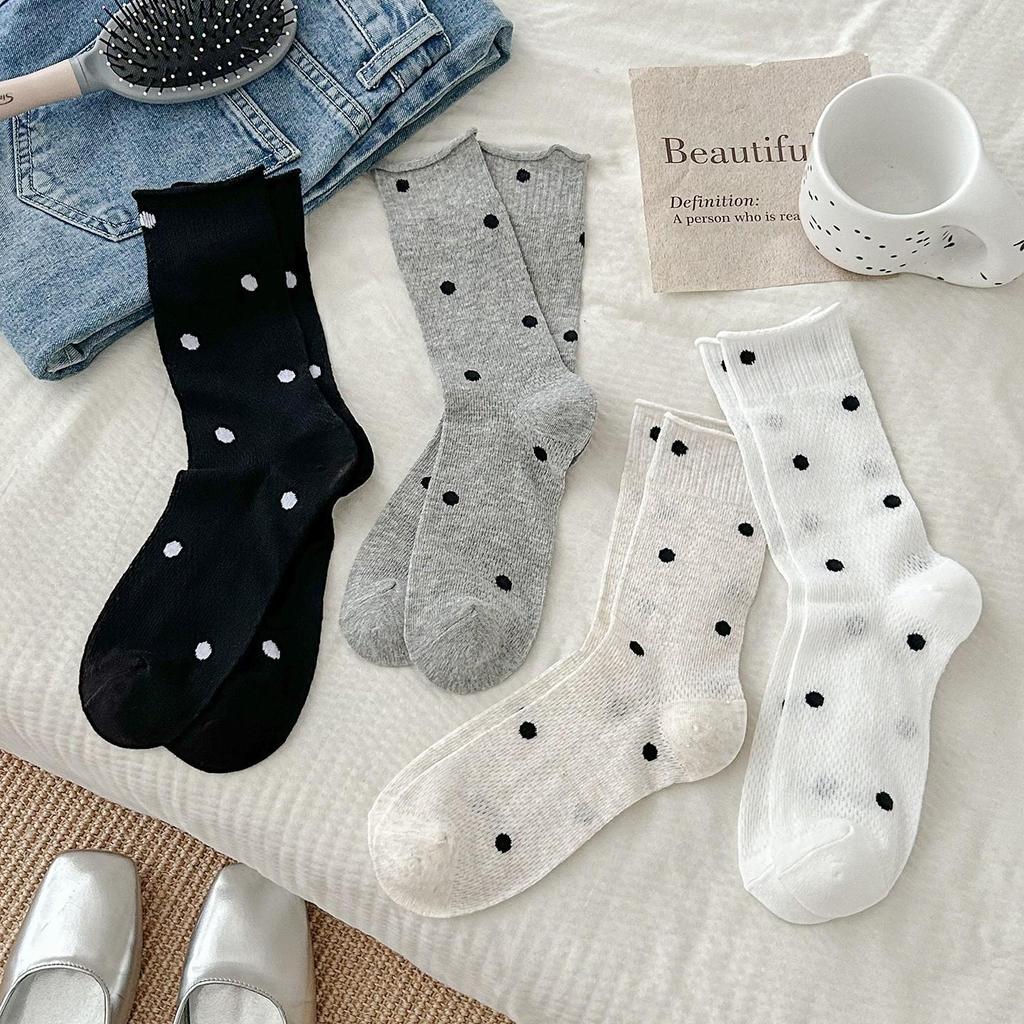 Women's Polka Dot Breathable Cotton Slouch Socks - Retro Style Mesh Mid-Calf with Rolled Cuff