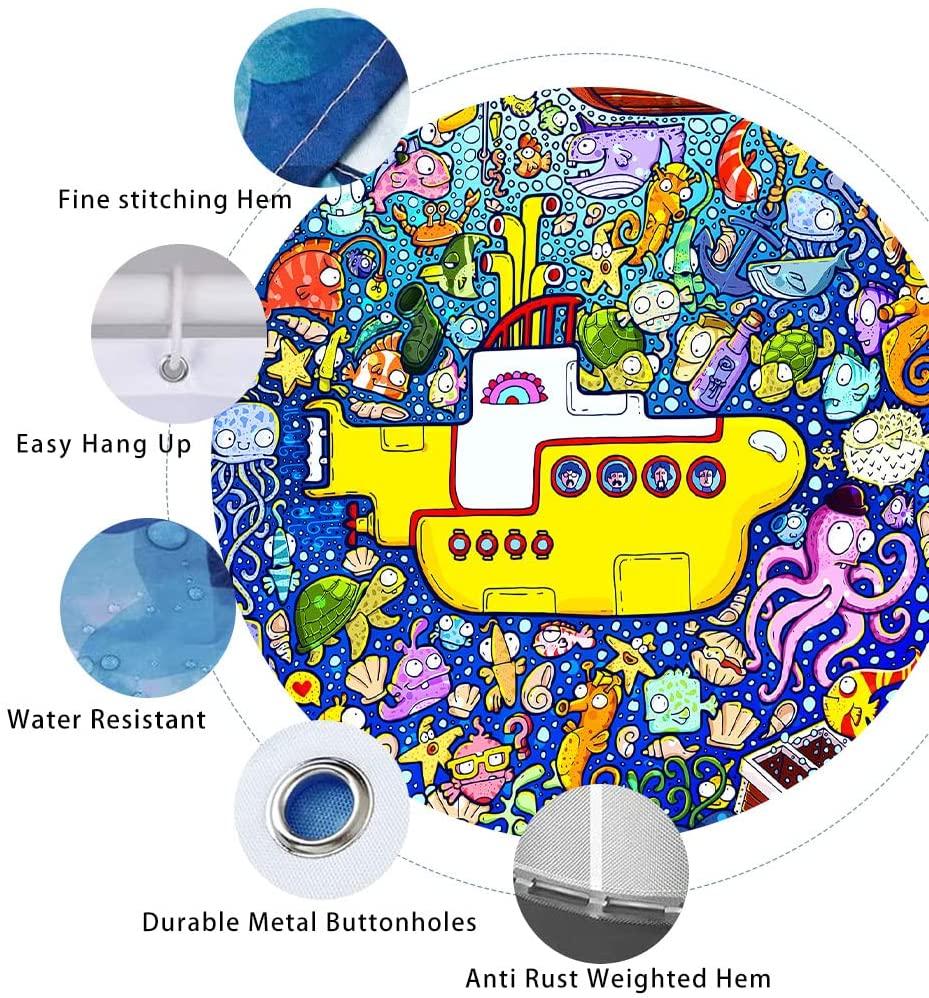 Underwater World Shower Curtain Cartoon Submarine Colorful Marine Life Nautical Sea Animals Life Summer Ocean Theme Bath Curtain