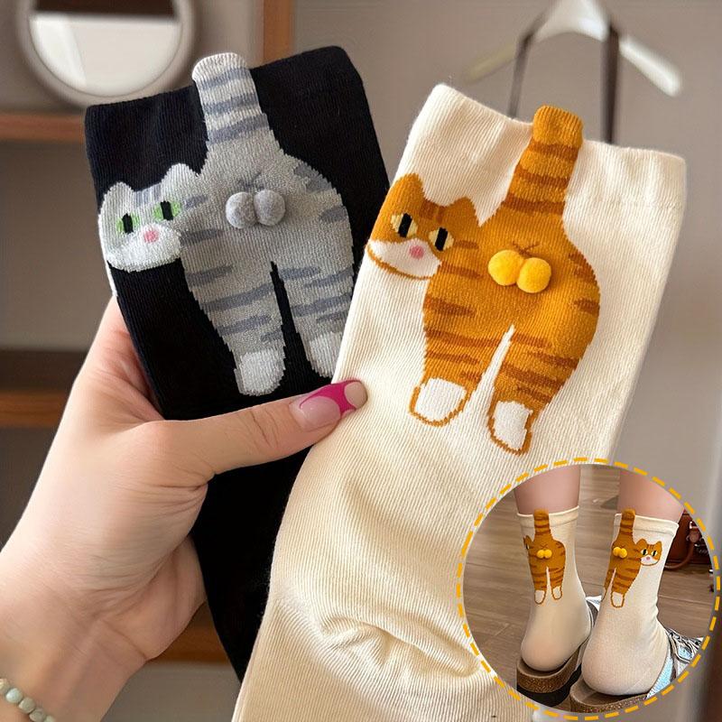 2/5/10 Paar Cartoon Schattige Kattenbolletjes Katoenen Sokken Kawaii Lolita Gebreide Sokken Vrouwen Meisjes Middelhoge Sok Slaapsok Kattenprint Vloersok