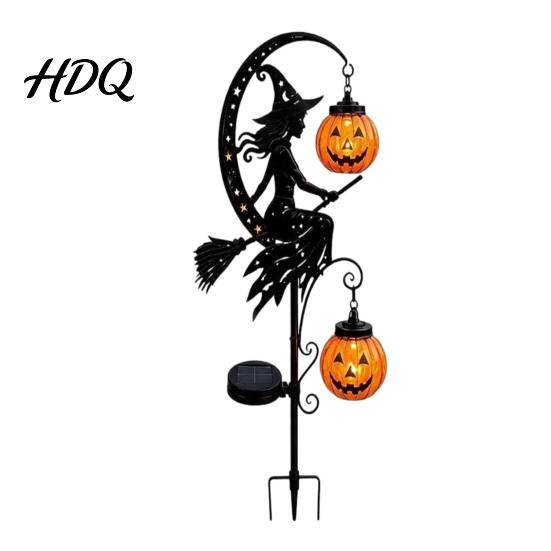 Atmospheric Porch Decoration for Halloween Solar Metal Garden Stake Light Auto On/Off Crescent Moon Black Cat with Hanging Powered Night Decor