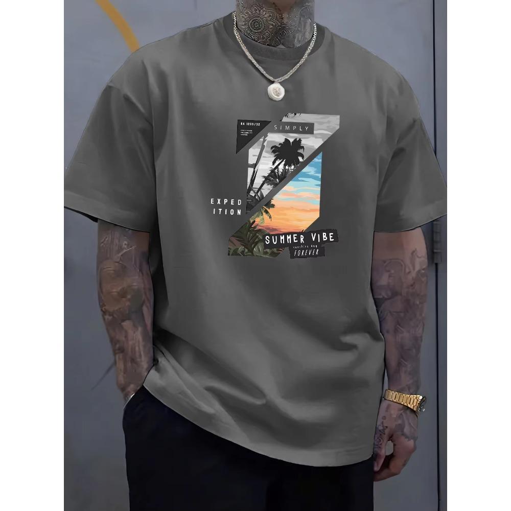 Vibrant Tropical Print Crew Neck Tee - Soft Slight Stretch Fabric, Rib-Knit, Regular Fit, Street Style, Novelty Top for Men