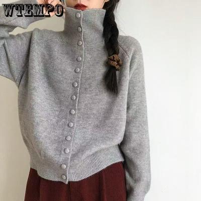 High Neck Women's Knitted Cardigan Autumn and Winter Retro Korean Loose Sweater Jacket