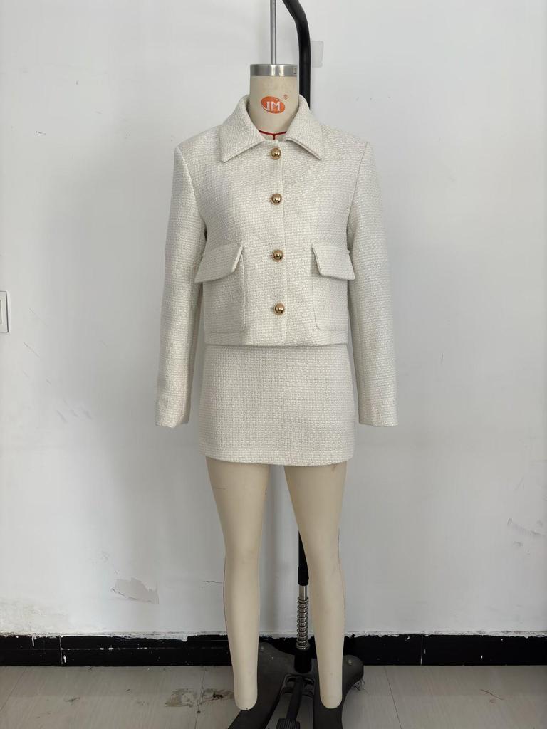 2024 Autumn Women’s European & American Style Textured Coat & A-Line Skirt Set with Turn-Down Collar and Long Sleeves