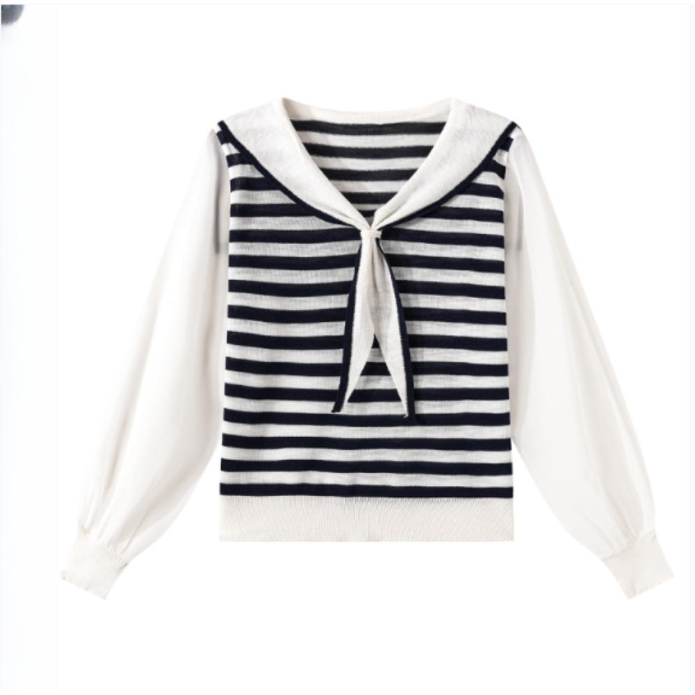 Ein Retro Color-Blocking Gestreifter Langarm-Strickpullover für Damen für den Frühherbst, Ein lockerer und vielseitiger Marine-Kragenpullover