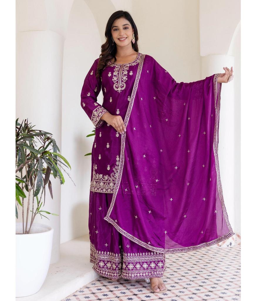 Damen Designer Partykleidung Bestickt Chinonseide Kurti Palazzo Dupatta Set Salwar Kameez Anzug