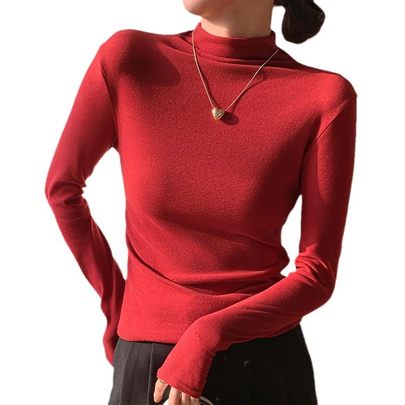 H679 Women's Slim Fit Half-High Collar Long-Sleeve Solid Color Warm Top for Autumn/Winter