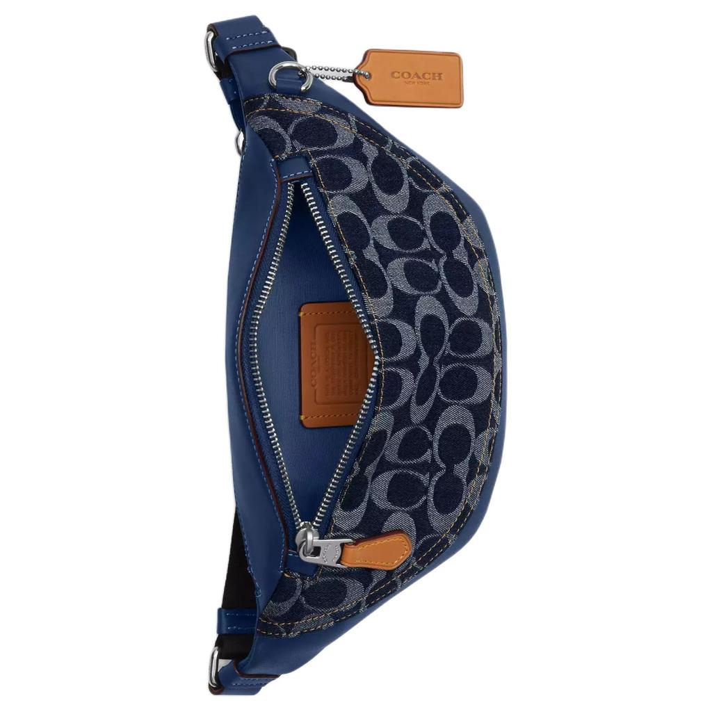 Coach Navy Denim Signature Canvas Belt Bag Fanny Pack With Leather Trim & Silver Hardware For Daily Use & Travel