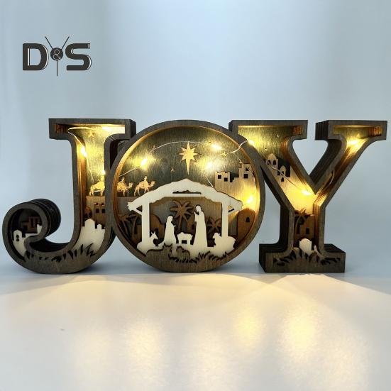 Julkrubba Ornament Trä Bokstaven JOY Bordsdekoration Rustik Religiös Bordsmantel Prydnad Gåva till Familj och Vänner