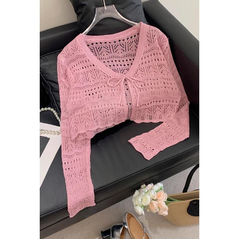 Fashion Sunscreen Knitted Cardigan Women's Hollow Blouse Vest Elegant Summer Thin V-neck Drawstring Air-conditioned Lace Shirt Shawl Short Tops