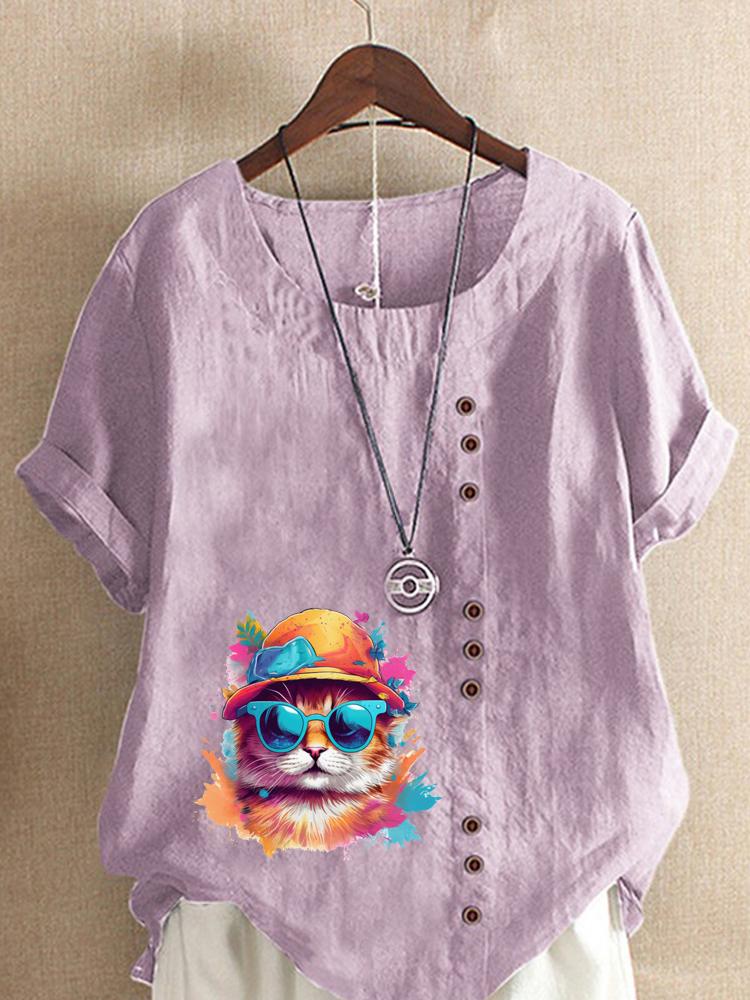 Women's Fashion Colorful Cat Print Round Neck Short Sleeve T-shirt Summer Casual Cotton Linen Graphic Shirt Leisure Loose Blouse Tops