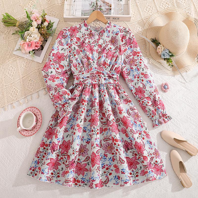 Girls  Fashionable Dress for Spring and Autumn - Children s Elegant Floral Long-Sleeved Princess Dress 130cm=8Y розовый