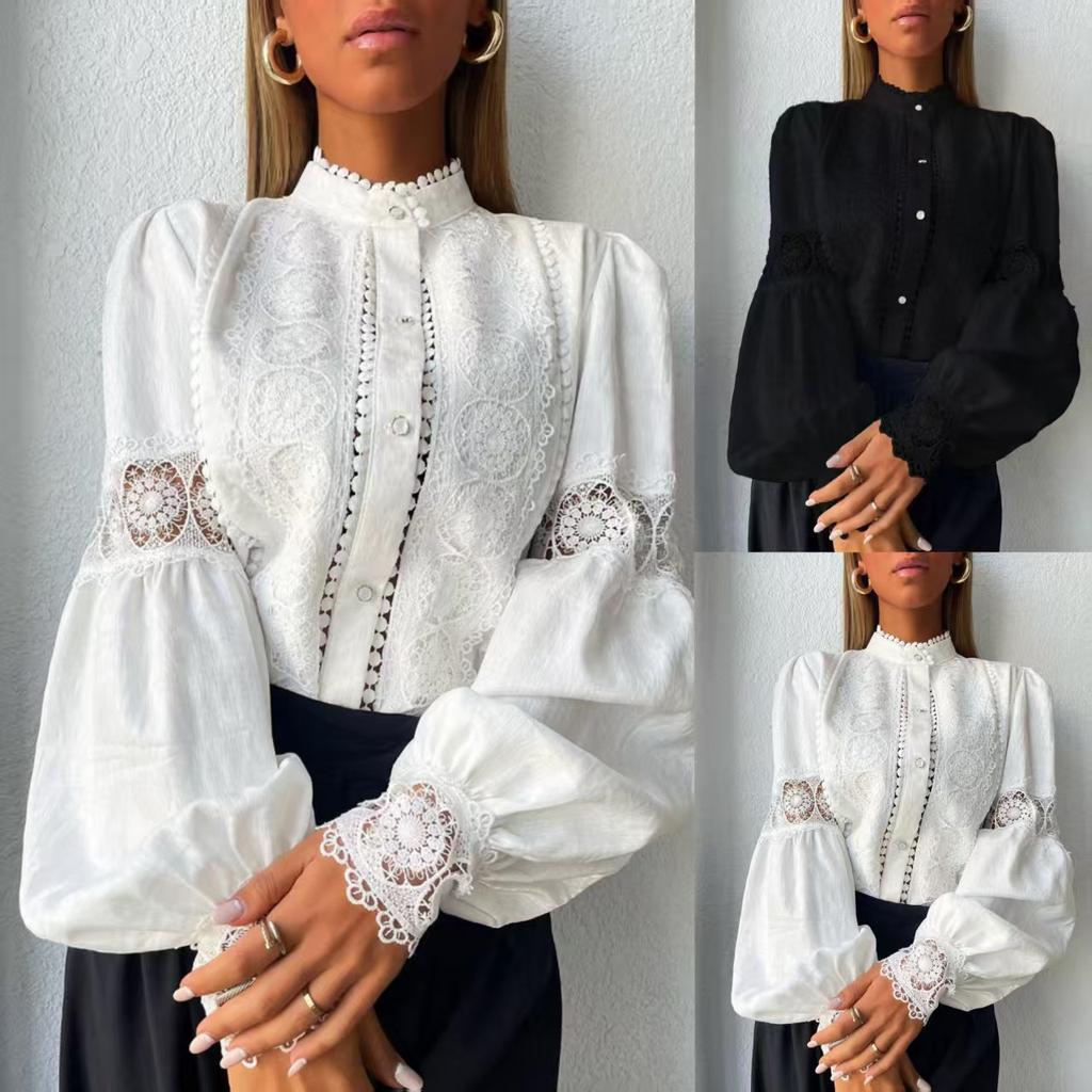 Women's Scalloped Stand Collar Long Lantern Sleeve Lace Spliced Blouse Vintage Hollow Button Down Shirt
