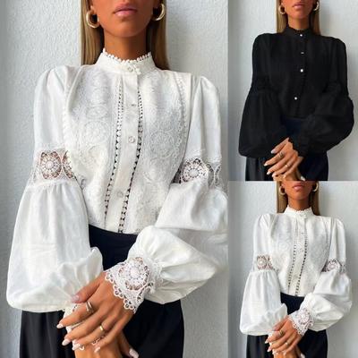 Damen-Bluse mit Muschelkragen und Stehkragen, langen Laternenärmeln, Spitzen-Einsätzen, Vintage-Hemd mit Hohlknöpfen