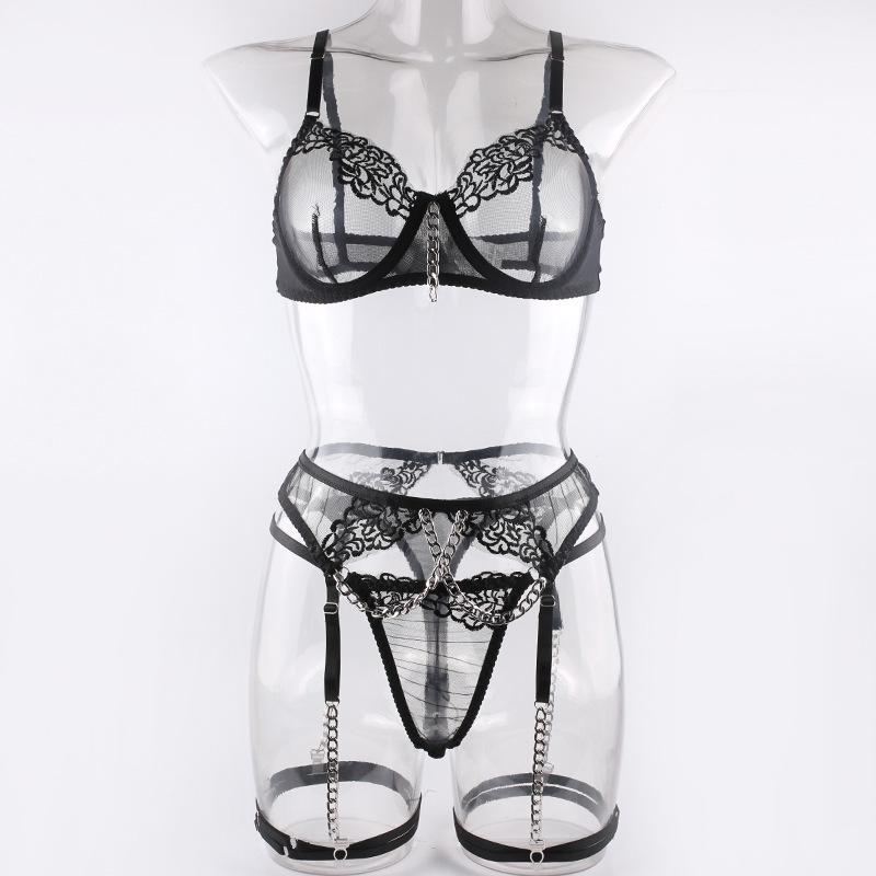 European and American Hot Style Fashion: Four-Piece Erotic Lingerie Set with Metal Chain Embroidery & Leg Garter