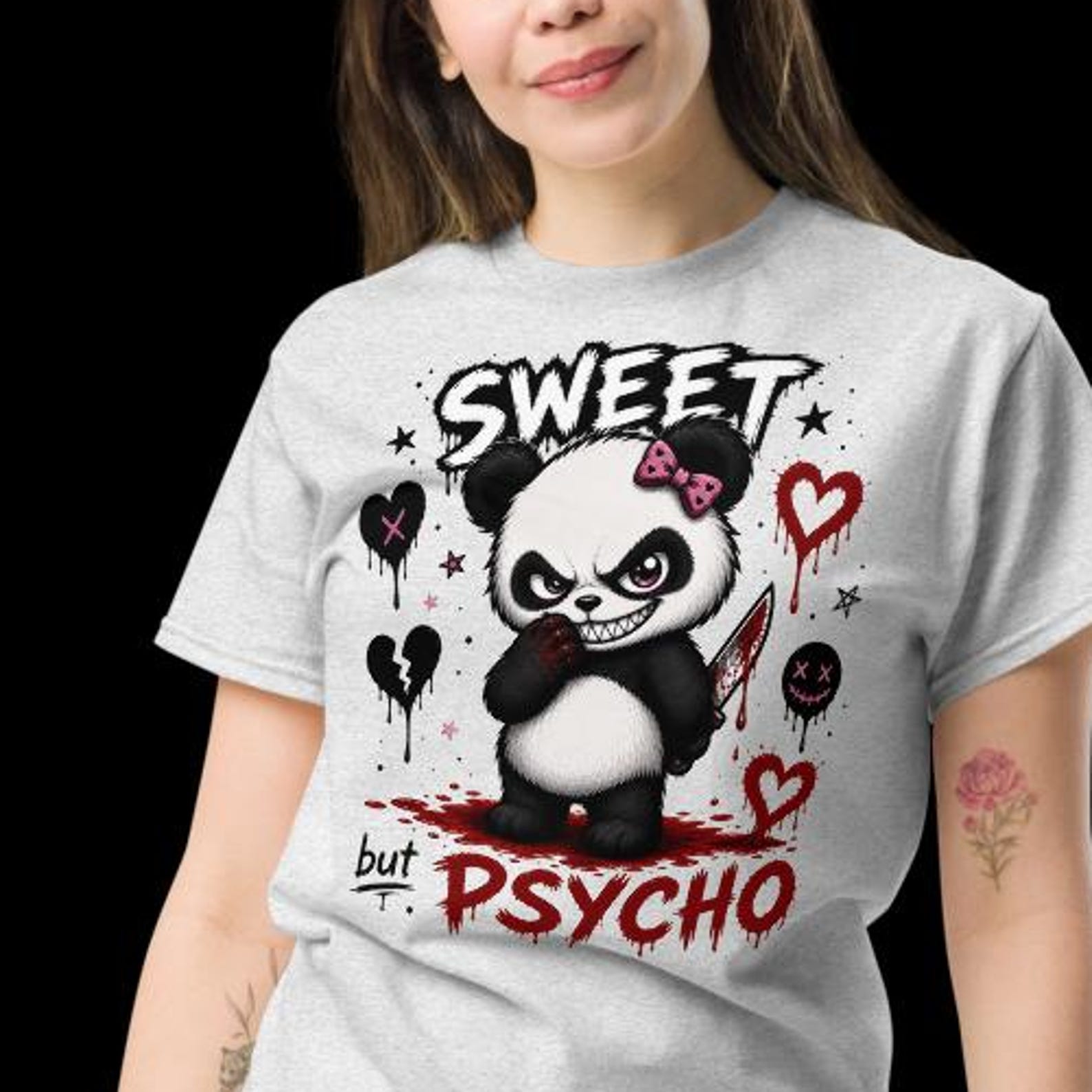 Sweet but Psycho Panda T-Shirt – Cute but Creepy Panda Graphic with Knife, Dark Humor Cartoon Tee Unisex Gothic Gift Idea S