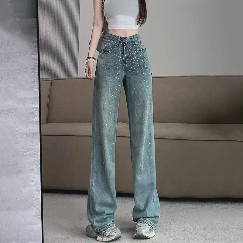 

2024 Корейский ретро-стиль с высокой талией, облегающие широкие джинсовые брюки с ромбовидной отделкой L синий